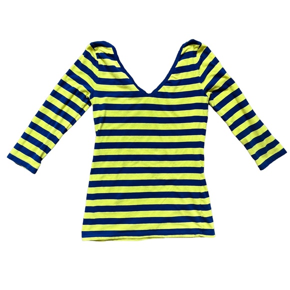 Banana Republic Navy Blue and Neon Yellow Striped V-Neck Shirt, Size Small - Picture 2 of 5